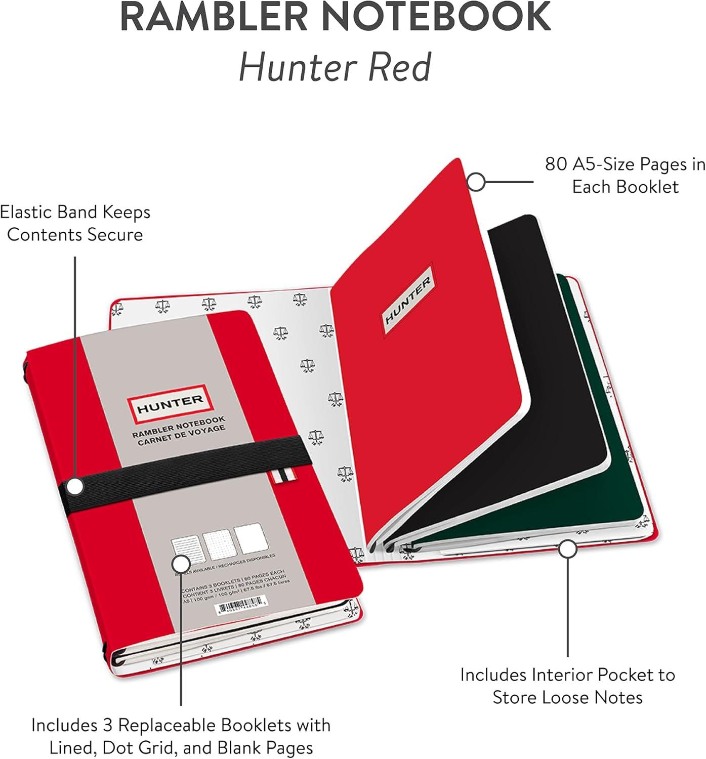 imageHunter Rambler Refillable Notebook 86 X 6 Book with 3 A5 Booklets 80 Pages Each of Lined Paper Dot Grid ampamp Blank Pages for Drawing or Journaling Elastic Band ampamp Inside Pocket BlackRed Rambler