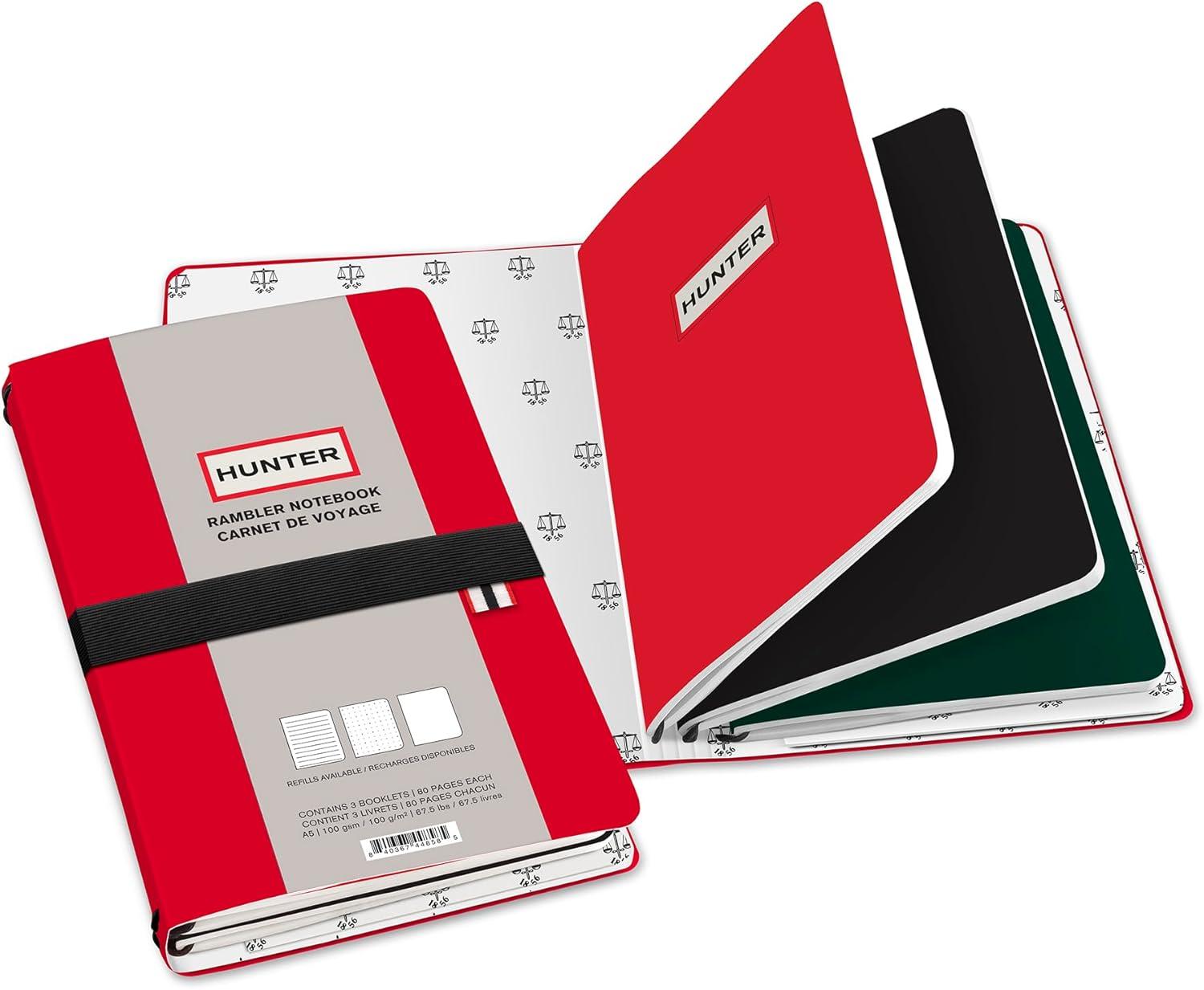 imageHunter Rambler Refillable Notebook 86 X 6 Book with 3 A5 Booklets 80 Pages Each of Lined Paper Dot Grid ampamp Blank Pages for Drawing or Journaling Elastic Band ampamp Inside Pocket BlackRed Rambler