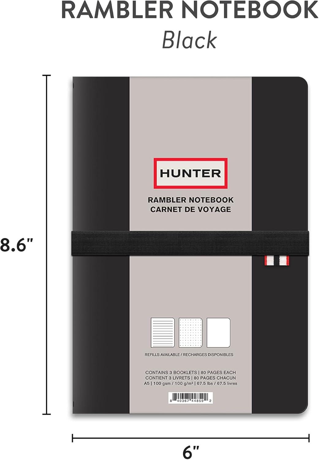 imageHunter Rambler Refillable Notebook 86 X 6 Book with 3 A5 Booklets 80 Pages Each of Lined Paper Dot Grid ampamp Blank Pages for Drawing or Journaling Elastic Band ampamp Inside Pocket BlackBlack