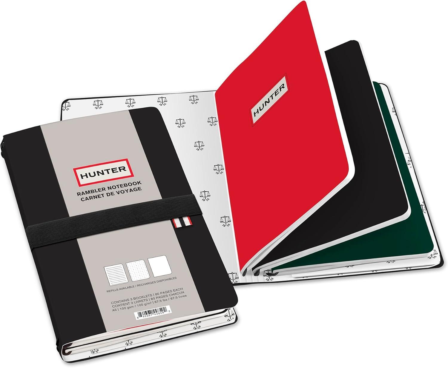 imageHunter Rambler Refillable Notebook 86 X 6 Book with 3 A5 Booklets 80 Pages Each of Lined Paper Dot Grid ampamp Blank Pages for Drawing or Journaling Elastic Band ampamp Inside Pocket BlackBlack