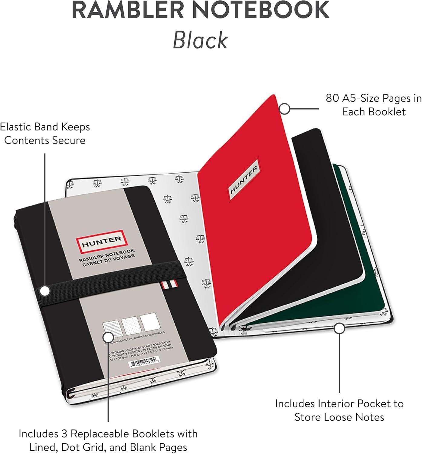 imageHunter Rambler Refillable Notebook 86 X 6 Book with 3 A5 Booklets 80 Pages Each of Lined Paper Dot Grid ampamp Blank Pages for Drawing or Journaling Elastic Band ampamp Inside Pocket BlackBlack