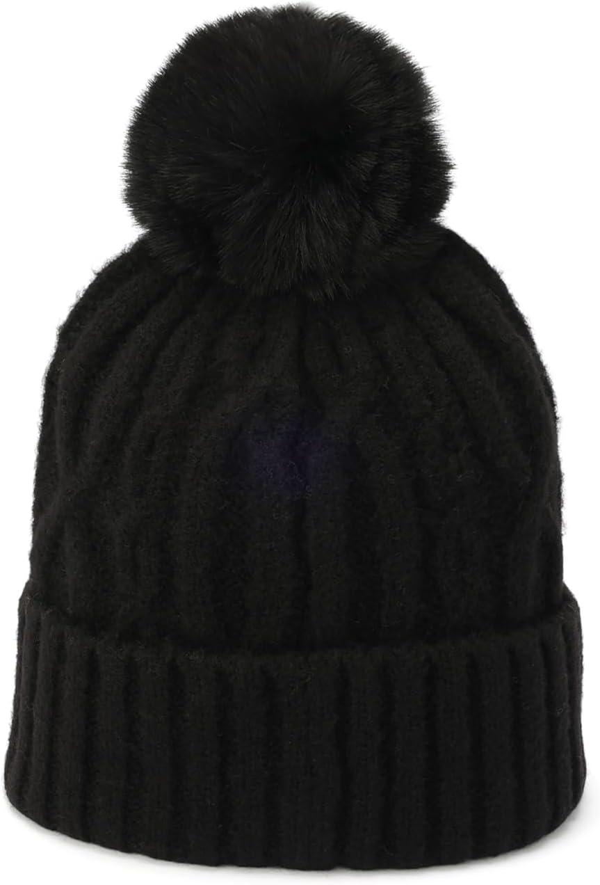 imageHunter Womens Cable Cuff Beanie with Faux Fur Pom Comfortable ampamp Warm Fashion Accessory HatBlack
