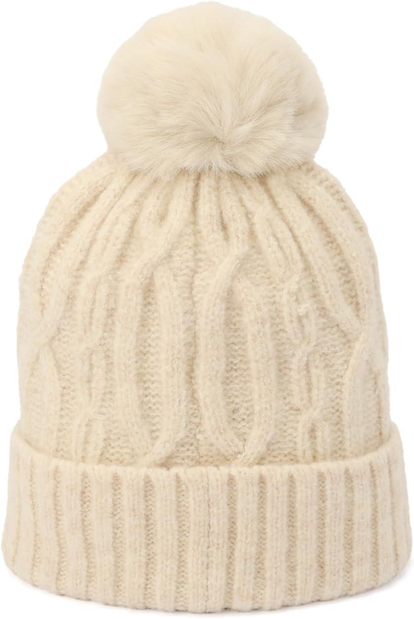 imageHunter Womens Cable Cuff Beanie with Faux Fur Pom Comfortable ampamp Warm Fashion Accessory HatVanilla