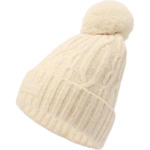 Hunter Women’s Cable Cuff Beanie with Faux Fur Pom, Comfortable & Warm Fashion Accessory Hat(Vanilla)