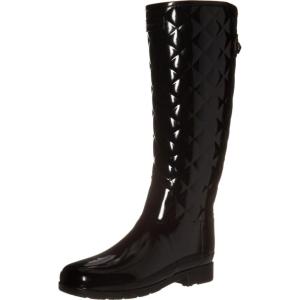 Hunter womens Refined Tall Quilted GlossRain Boot(Black)
